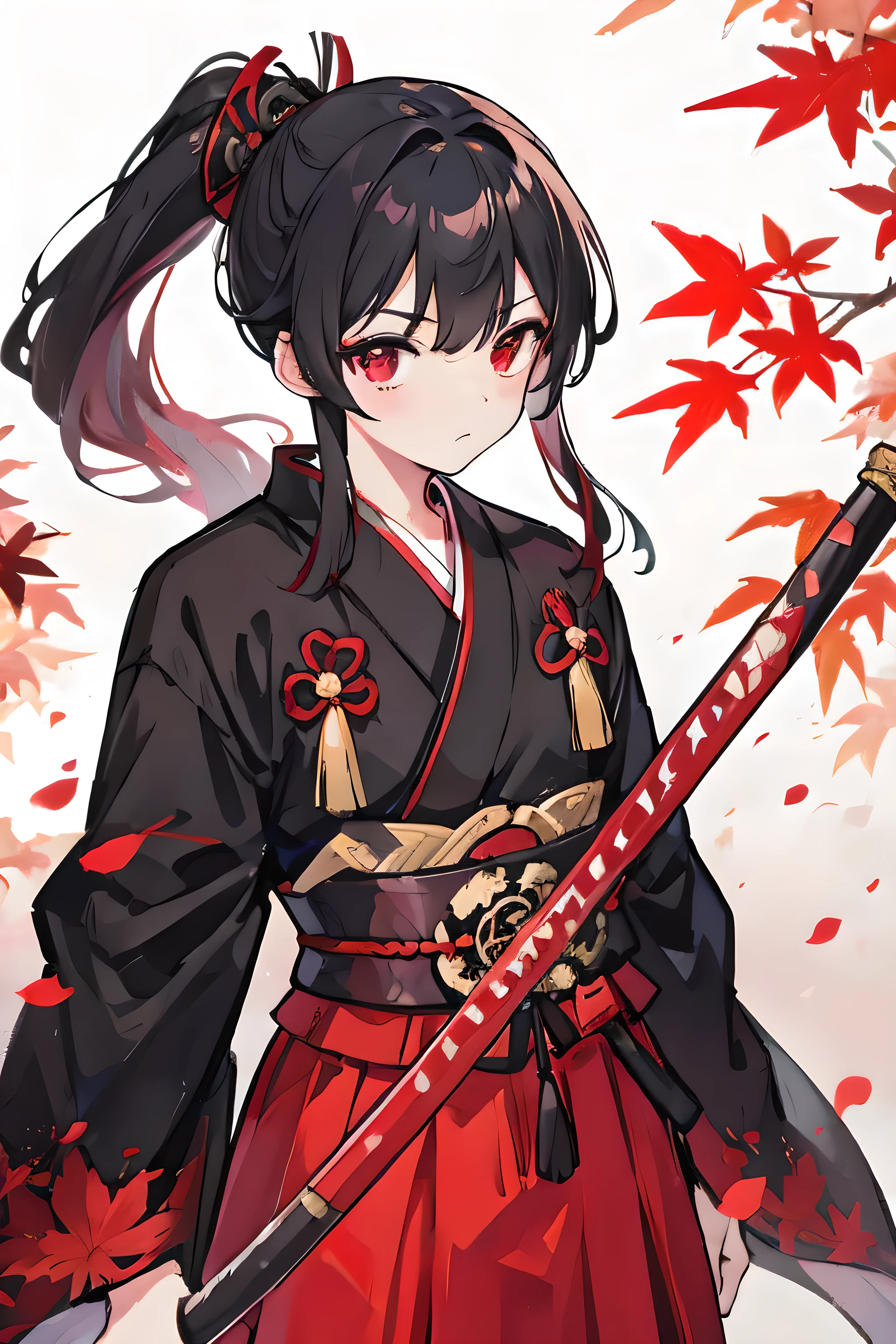 Red autumn leaves、samurai、Naginata、Black Ponytail、Red Eyes、Hakama、Middle school students、boy、youth
