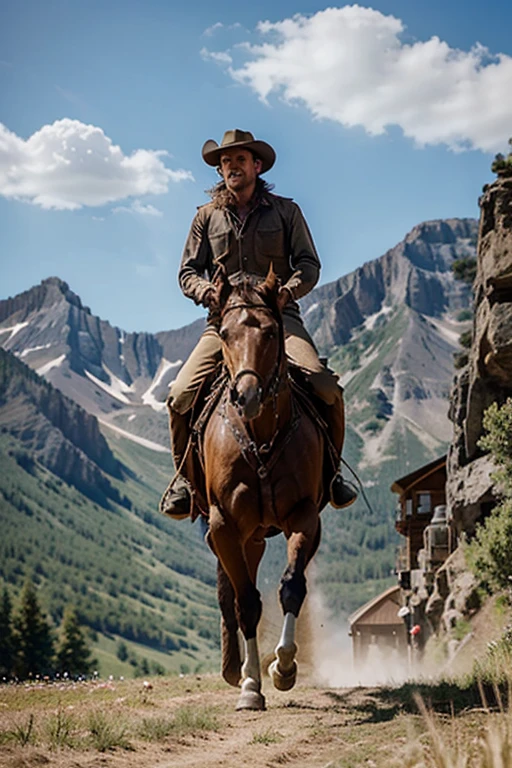 A cowboy rides a horse, leaps, and shoots a gun into the sky in a summer field near a steep rocky mountain.