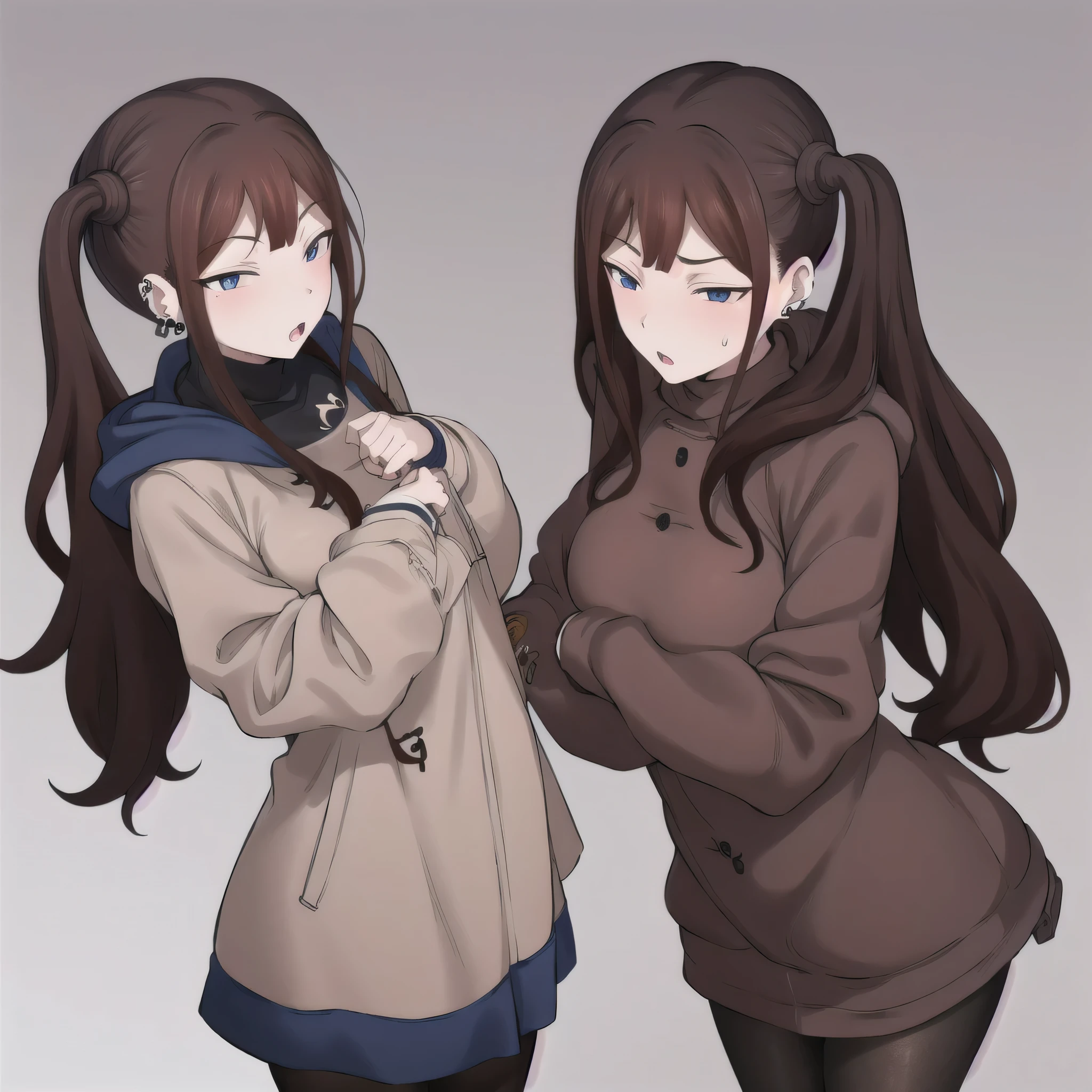 Tsubame NTR, long hair, blue eyes, brown hair, twin tails, long sleeves, jewelry, pantyhose, earrings, hood, black pantyhose, hoodie, hooded down jacket, ear piercings, watch, blue hoodie, coat, brown coat, turtleneck,