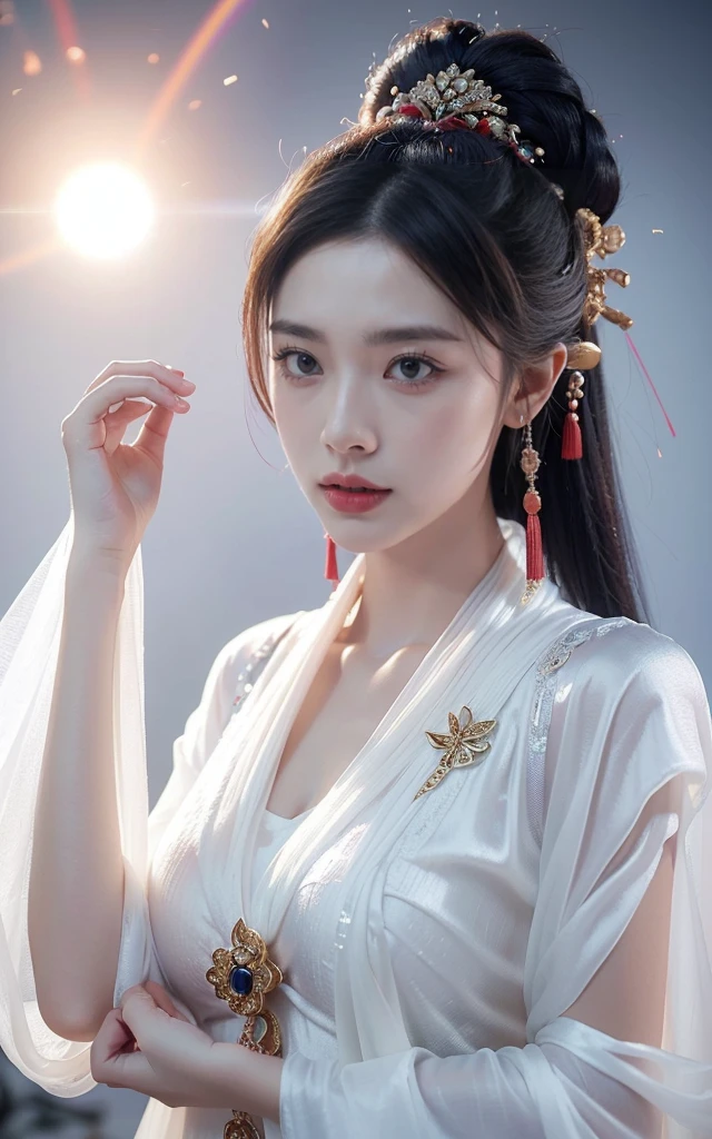 Game Art,Best picture quality,Maximum resolution,8K,((A bust photo)),((portrait)),((Head close-up)),(Rule of Thirds),Unreal Engine 5 rendering works, (Future Girl),(Female Warrior), 22 year old girl,(Ancient Chinese women),(Rainbow hair,Ancient Oriental Hairstyle),((Red pupils:1.3)),(Beautiful eyes full of details),(Large Breasts),(Eyeshadow),Elegant and charming,indifferent,((anger)),(Silk top with ancient Chinese style,Bellyband,The clothes are decorated with Chinese patterns,The sparkle of jewelry,White),(These clothes are made of silk.:1.5),number,Fantasy style, Photo poses,Ancient city background,Movie Lighting,Ray Tracing,Game CG,((3D Unreal Engine)),OC rendering reflection mode