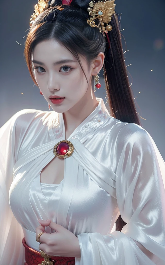 Game Art,Best picture quality,Maximum resolution,8K,((A bust photo)),((portrait)),((Head close-up)),(Rule of Thirds),Unreal Engine 5 rendering works, (Future Girl),(Female Warrior), 22 year old girl,(Ancient Chinese women),(Rainbow hair,Ancient Oriental Hairstyle),((Red pupils:1.3)),(Beautiful eyes full of details),(Large Breasts),(Eyeshadow),Elegant and charming,indifferent,((anger)),(Silk top with ancient Chinese style,Bellyband,The clothes are decorated with Chinese patterns,The sparkle of jewelry,White),(These clothes are made of silk.:1.5),number,Fantasy style, Photo poses,Ancient city background,Movie Lighting,Ray Tracing,Game CG,((3D Unreal Engine)),OC rendering reflection mode