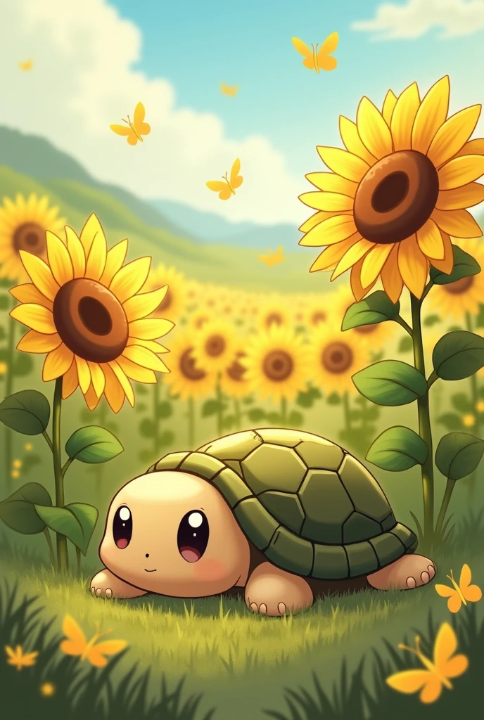 Cute turtle sitting under sunflowers ghibli version
