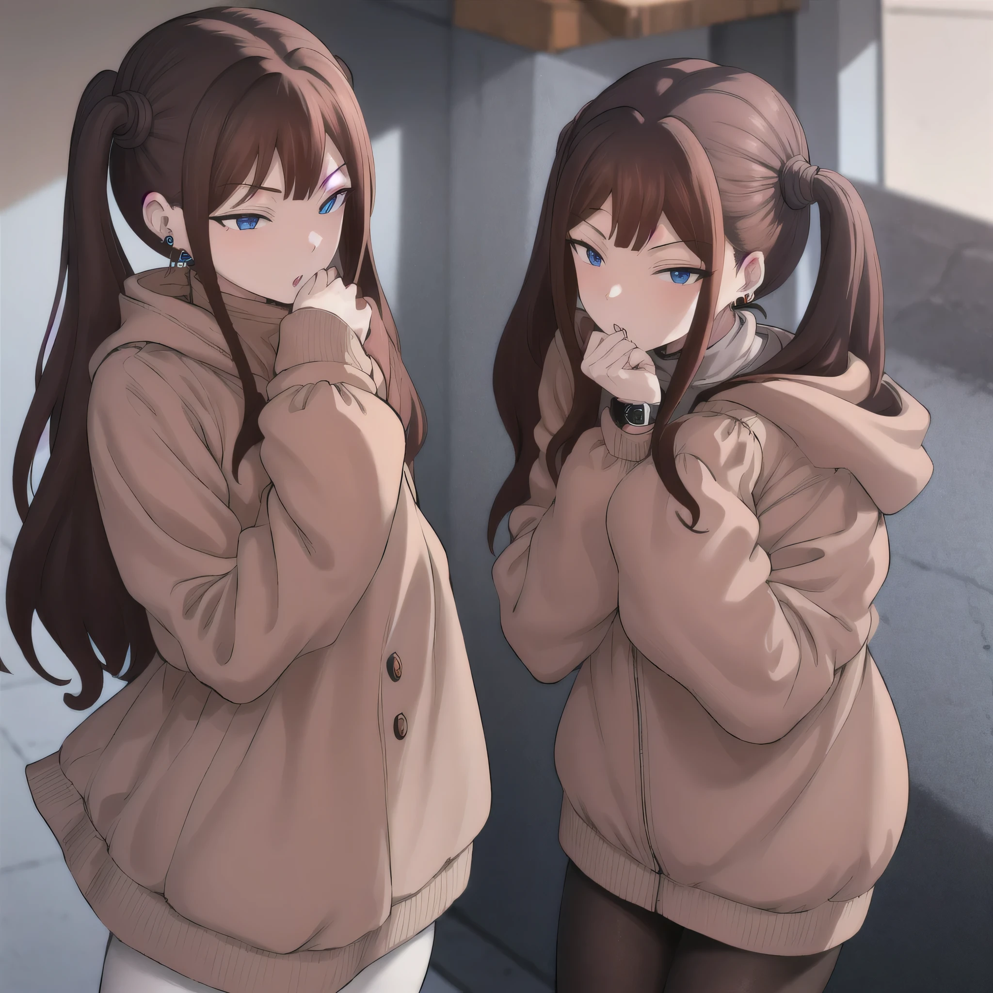 Tsubame NTR, long hair, blue eyes, brown hair, twin tails, long sleeves, jewelry, pantyhose, earrings, hood, black pantyhose, hoodie, hooded down jacket, ear piercings, watch, blue hoodie, coat, brown coat, turtleneck,