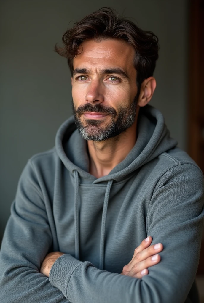 A 37 year old man with brown hair and with brown eyes wearing grey hoodie
