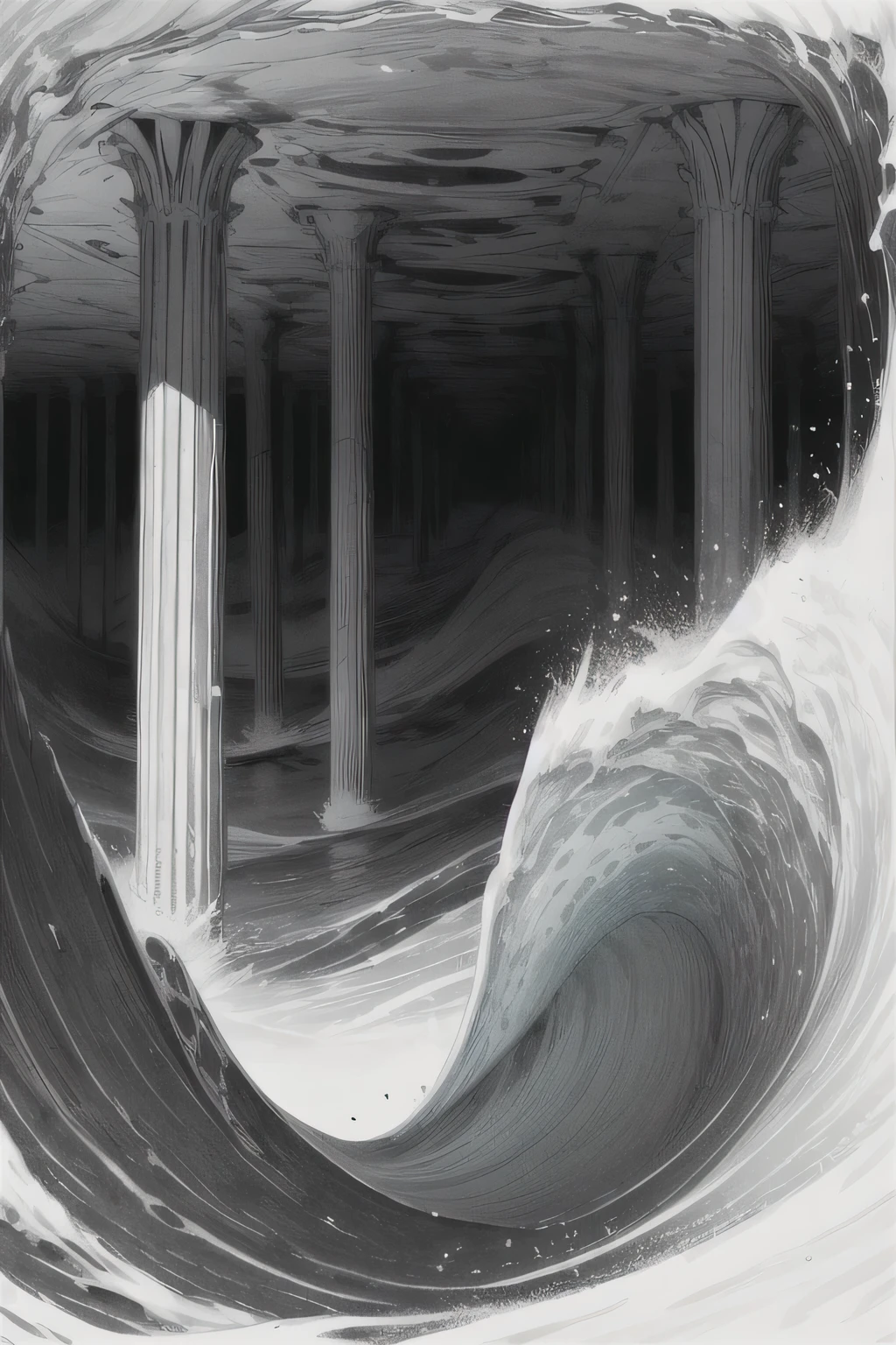 man looking at an endless underground ocean full of pillars extending all the way to the darkness, strong waves clash against the base of the pillars, black and white