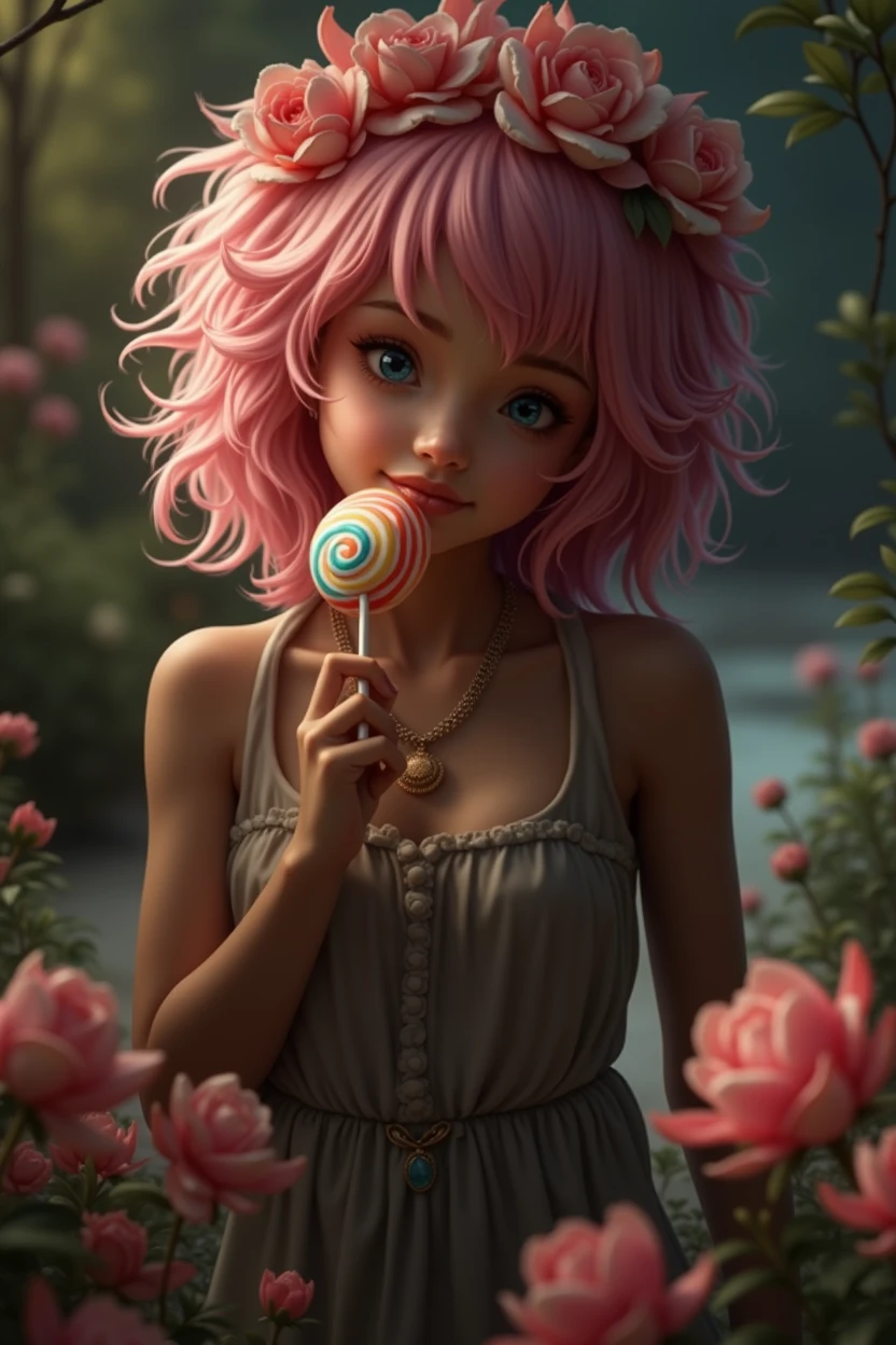 a beautiful young girl, 1girl, eating a large colorful lollipop, cute expression, looking at camera, long dark hair, porcelain skin, delicate facial features, detailed eyes and lips, wearing a white dress, standing in a lush garden, surrounded by flowers, sunlight, golden hour, cinematic lighting, soft bokeh, vibrant colors, fantasy, dreamlike, (best quality,4k,8k,highres,masterpiece:1.2),ultra-detailed,(realistic,photorealistic,photo-realistic:1.37)