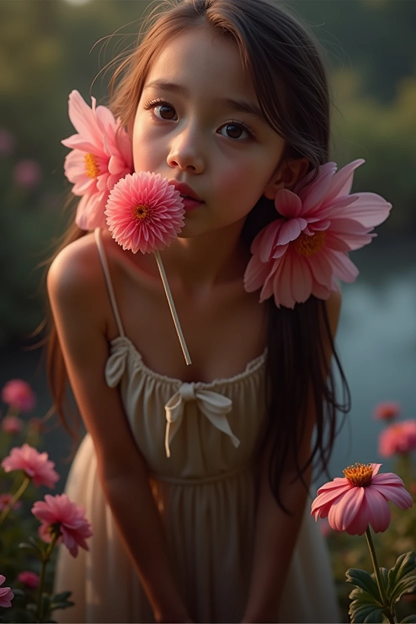 a beautiful young girl, 1girl, eating a large colorful lollipop, cute expression, looking at camera, long dark hair, porcelain skin, delicate facial features, detailed eyes and lips, wearing a white dress, standing in a lush garden, surrounded by flowers, sunlight, golden hour, cinematic lighting, soft bokeh, vibrant colors, fantasy, dreamlike, (best quality,4k,8k,highres,masterpiece:1.2),ultra-detailed,(realistic,photorealistic,photo-realistic:1.37)