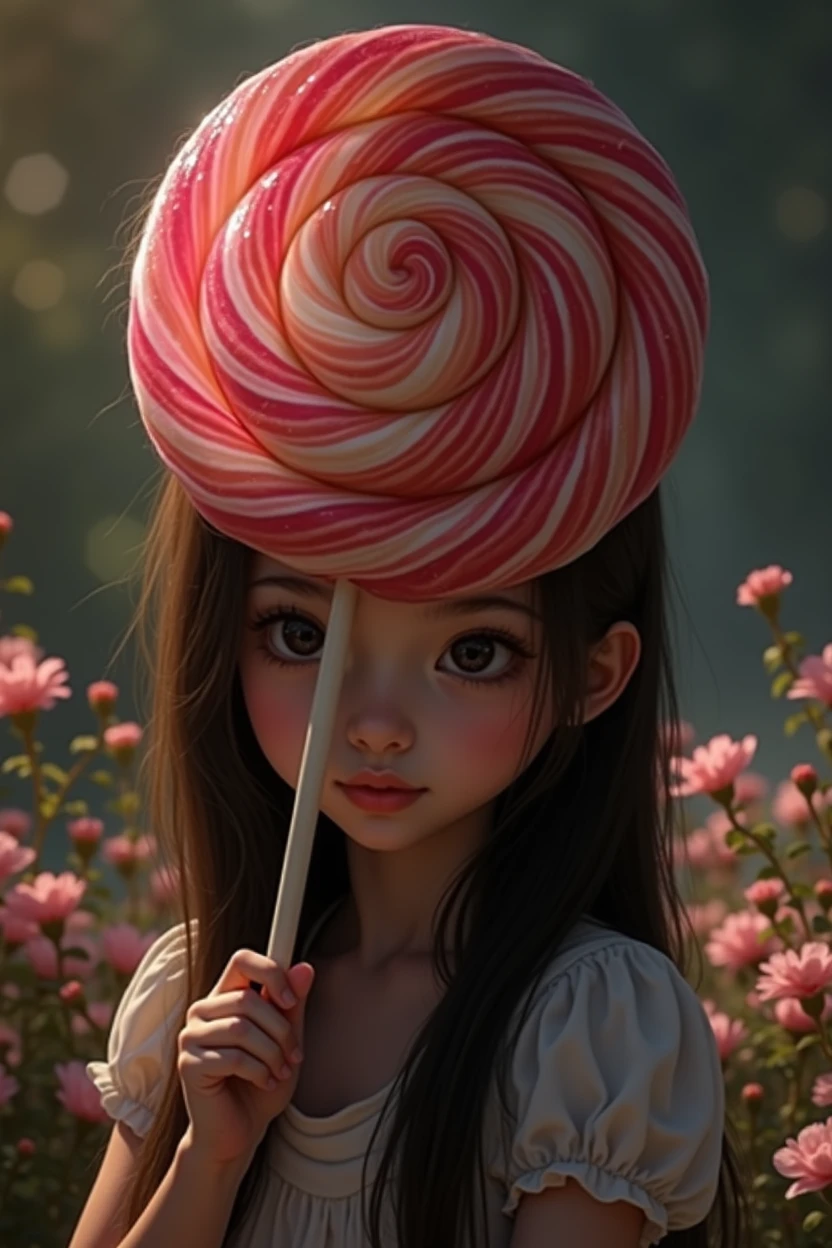a beautiful young girl, 1girl, eating a large colorful lollipop, cute expression, looking at camera, long dark hair, porcelain skin, delicate facial features, detailed eyes and lips, wearing a white dress, standing in a lush garden, surrounded by flowers, sunlight, golden hour, cinematic lighting, soft bokeh, vibrant colors, fantasy, dreamlike, (best quality,4k,8k,highres,masterpiece:1.2),ultra-detailed,(realistic,photorealistic,photo-realistic:1.37)
