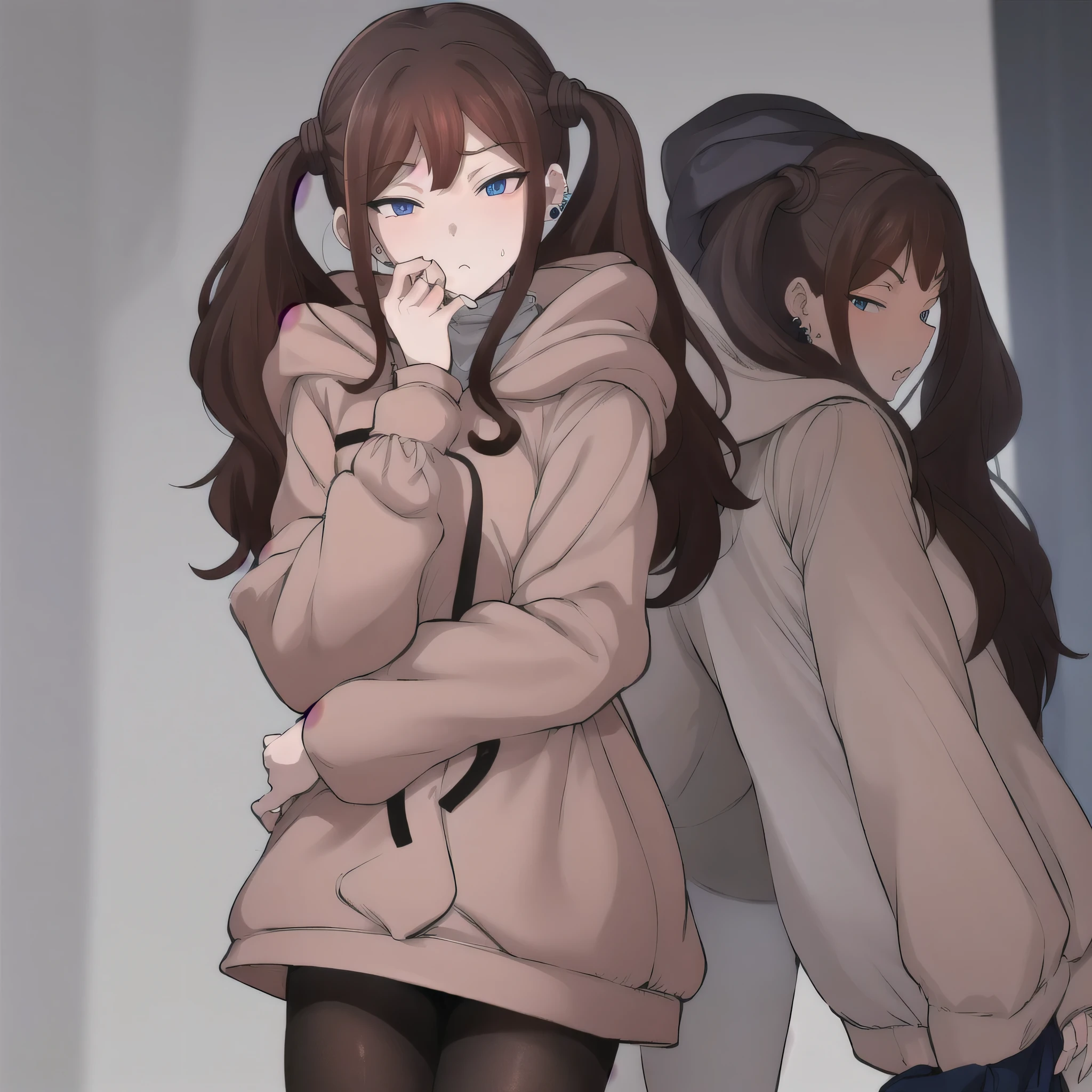 Tsubame NTR, long hair, blue eyes, brown hair, twin tails, long sleeves, jewelry, pantyhose, earrings, hood, black pantyhose, hoodie, hooded down jacket, ear piercings, watch, blue hoodie, coat, brown coat, turtleneck,