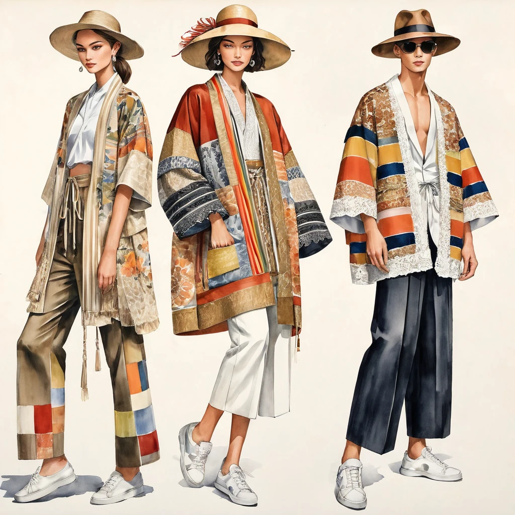 candid fashion illustration a group of young 2man and 1girl, aged 18-23 year old, tall and slender, Mixed race male super model, ((showcase fashionable Lenin outfits inspired by designer Christian Dior resort collection)), in elegant modern Mixed patchwork or collage of ethnic cloth details, e-co print, natural Earth tone color. The 1st man wears an oversized shirt with embroidery and lace details, paired with slim-fit Pants. The 2nd man complements him in a shirt decorate with lace and an oversized Yukata Jacket with ethnic woven details, paired with big striped Drawstring short. a woman wears patchwork dress with frill-trimmed and neckline with minimal style, (all completes the look with white sneakers, an accessorizes with a wide-brimmed straw hat, sunglass.  Captured in a ((full-body image)), simple model pose, ((simple water-color paint on white paper background)), realistic pencil lines, imperfect drawing, charcoal lines detail, fading sketch, fashion Sketching, low angle view, (full body image)