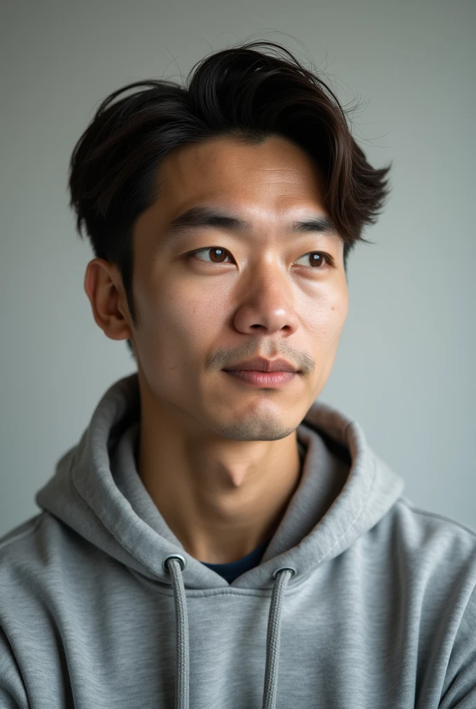 A 37 year old Asian man with brown hair and with brown  eyes wearing grey hoodie