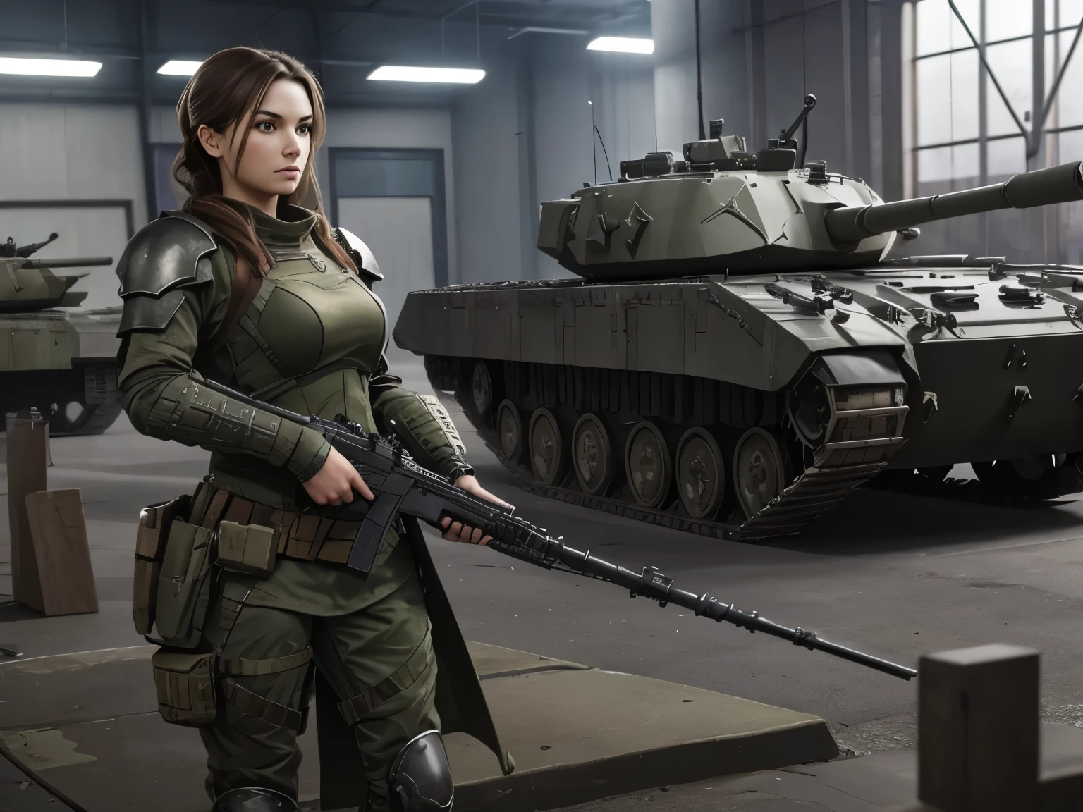 best quality, 8k, high resolution, detailed, realistic, Weapons expo, armored tanks on display, companion woman standing to the side,