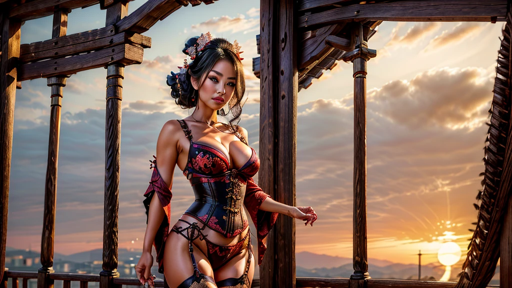GEISHA- SEXY- KIMONO LIFTED- UPPER BODY- THICK THIGHS- TEMPLE- MEDIEVAL- SWORDS- WARRIOR- SEXY FACE- DETAILED HD- LOW FRAME - BEAUTIFUL- GARTER BELT- DETAILED CORSET- REAR- LOW ANGLE- SUNSET IN THE BACKGROUND- LIGHT TAN MARK