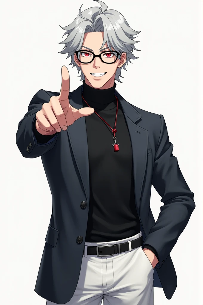 Center-parted gray hair(Silver Hair)、Two Block、Glasses、Red eyes、Black high neck、A whistle around the neck、White trousers、Black Belt、Charisma、25 year old handsome man、Pointing finger to the top right