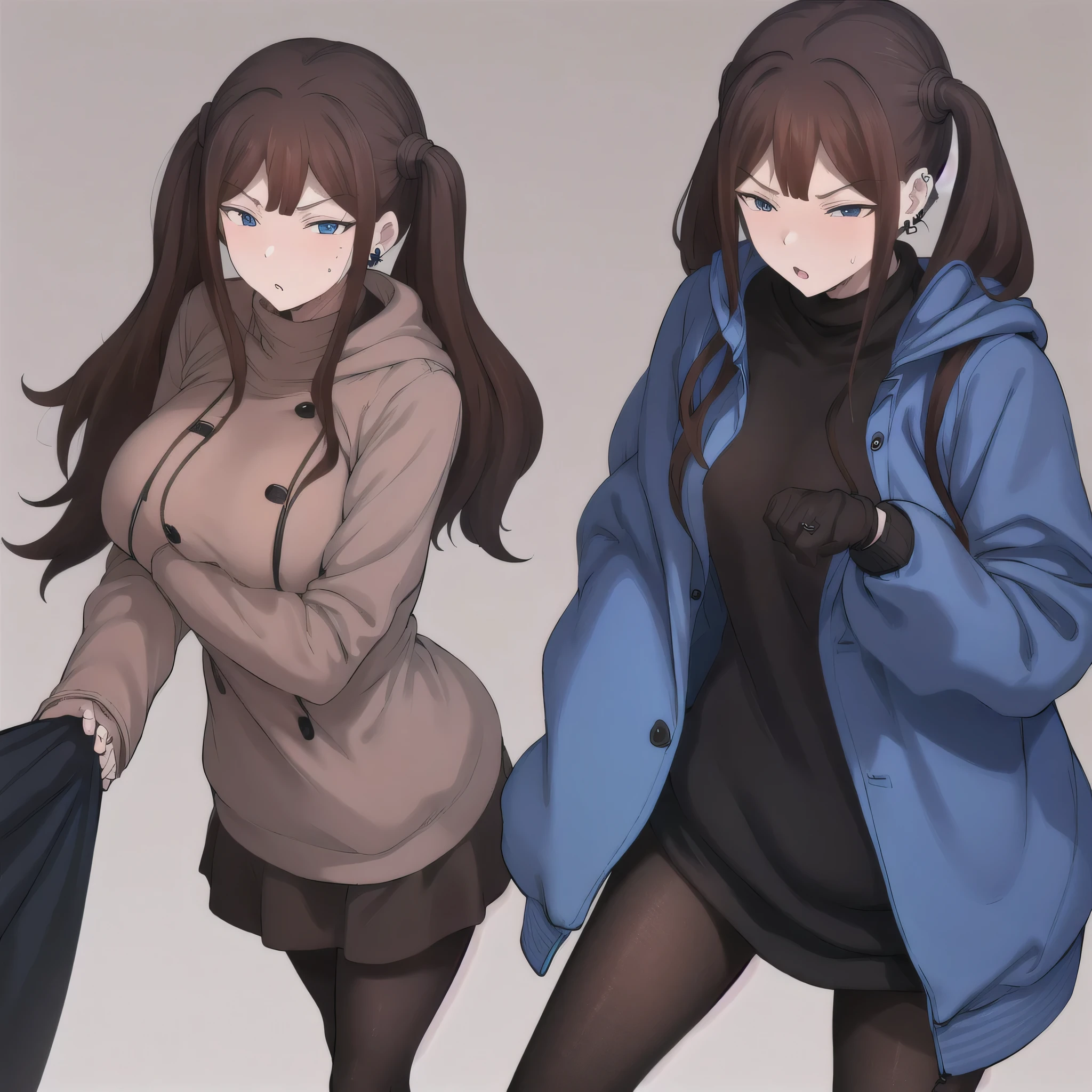 Tsubame NTR, long hair, blue eyes, brown hair, twin tails, long sleeves, jewelry, pantyhose, earrings, hood, black pantyhose, hoodie, hooded down jacket, ear piercings, watch, blue hoodie, coat, brown coat, turtleneck,