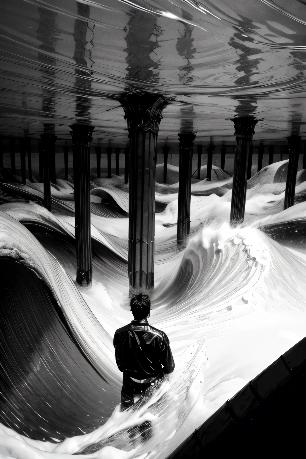 man looking at an endless underground ocean full of pillars extending all the way to the darkness, strong waves clash against the base of the pillars, black and white