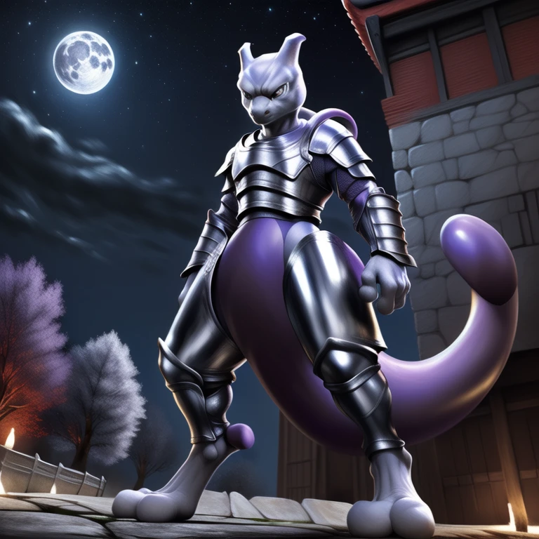 upload on e621, by allandox, anthro, male, ((detailed realistic painting)), extreme detail, ((mewtwo, pokemon)), ((stoic expression:1.3)), full moon background, full body perspective, ((confident pose:1.2, side perspective:1.2)), ((samurai armor, red and silver armor:1.4))