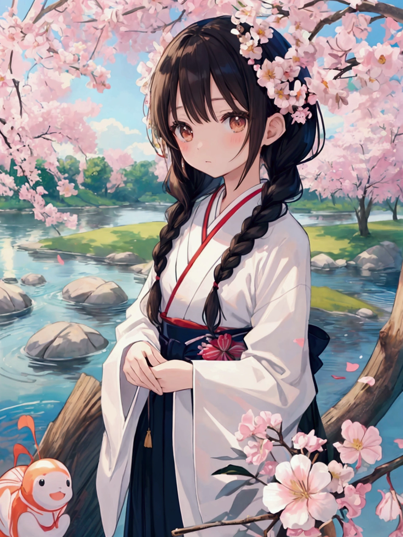 Anime illustration、masterpiece、high quality、An elegantly dressed Japanese woman in natural light、A close-up of her small chest and calm expression.、It shows her inner peace and outer charm.。Age 13 Black hair tied in braids、White decorative flowers、Eyes are large and light brown、Sparkling、Black eyelashes。Yukata black、Water ripple pattern、The band is white、The obi fastener is flower-shaped and lacquered.、The obi is red and white.、Holding a goldfish wind chime in his hand、Standing in front of a large willow tree on the river bank、It&#39;s summer、The orange light of dusk still remains、limbs accurately、Your fingers are beautiful too５Main tube、Created by a famous Japanese painter。