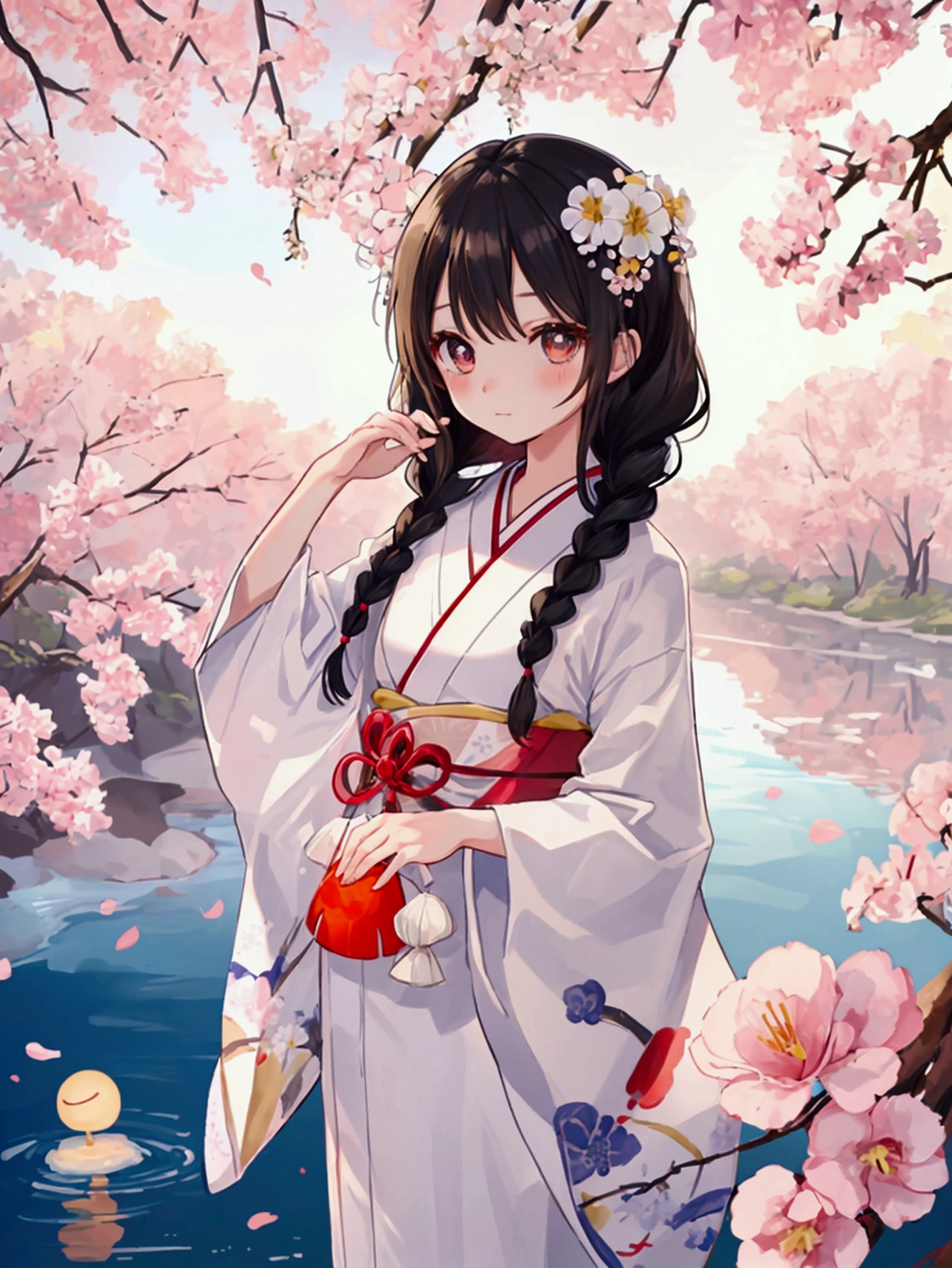 Anime illustration、masterpiece、high quality、An elegantly dressed Japanese woman in natural light、A close-up of her small chest and calm expression.、It shows her inner peace and outer charm.。Age 13 Black hair tied in braids、White decorative flowers、Eyes are large and light brown、Sparkling、Black eyelashes。Yukata black、Water ripple pattern、The band is white、The obi fastener is flower-shaped and lacquered.、The obi is red and white.、Holding a goldfish wind chime in his hand、Standing in front of a large willow tree on the river bank、It's summer、The orange light of dusk still remains、limbs accurately、Your fingers are beautiful too5Main tube、Created by a famous Japanese painter。