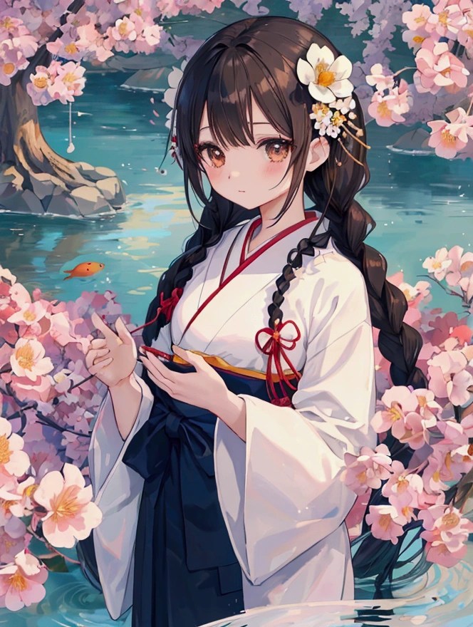 Anime illustration、masterpiece、high quality、An elegantly dressed Japanese woman in natural light、A close-up of her small chest and calm expression.、It shows her inner peace and outer charm.。 Black hair tied in braids、White decorative flowers、Eyes are large and light brown、Sparkling、Black eyelashes。Yukata black、Water ripple pattern、The band is white、The obi fastener is flower-shaped and lacquered.、The obi is red and white.、Holding a goldfish wind chime in his hand、Standing in front of a large willow tree on the river bank、It's summer、The orange light of dusk still remains、limbs accurately、Your fingers are beautiful too5Main tube、Created by a famous Japanese painter。