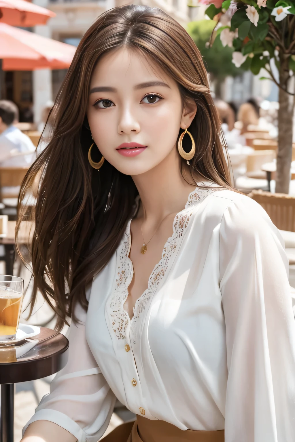 masterpiece, Highest quality, Realistic, Very detailed, Finer details, High resolution, 8k wallpaper, One beautiful woman,Wear a nice blouse, On the terrace of a lovely cafe, at noon, Light brown messy hair, Perfect dynamic composition, Beautiful and beautiful eyes、Big earrings、