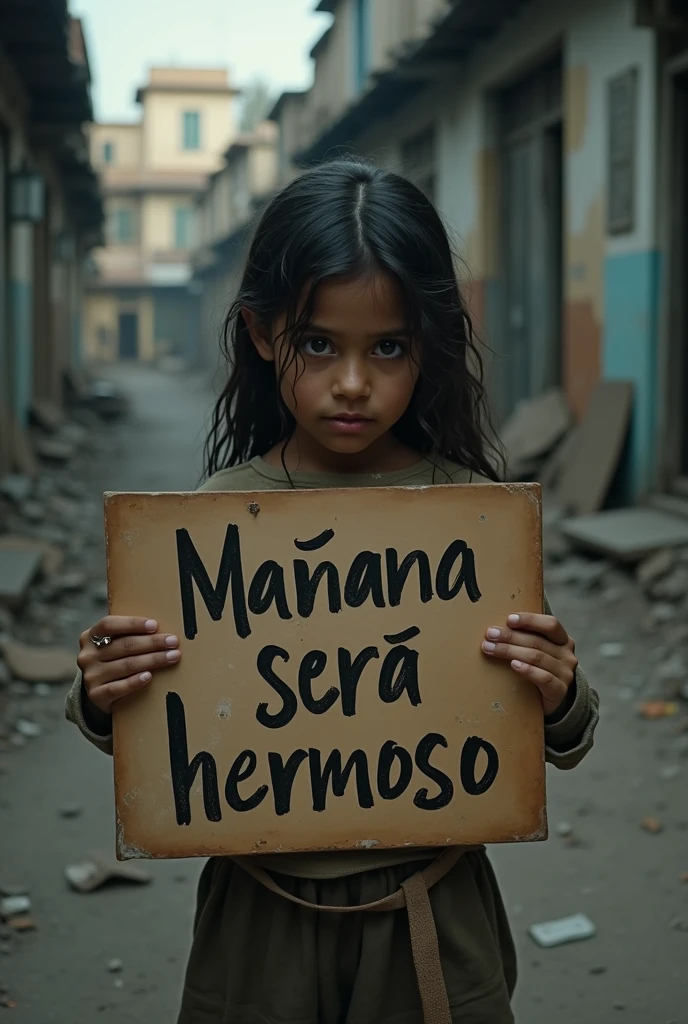 I want a poor girl reading a sign that says “Tomorrow will be beautiful” written in Spanish 