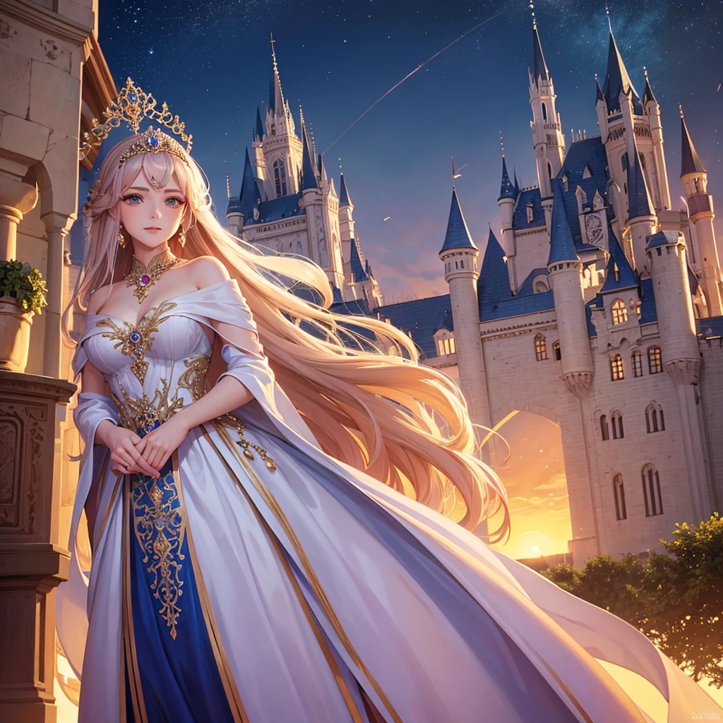 regal lady, flowing gown, enchanted castle behind, sunset, tiara on her head