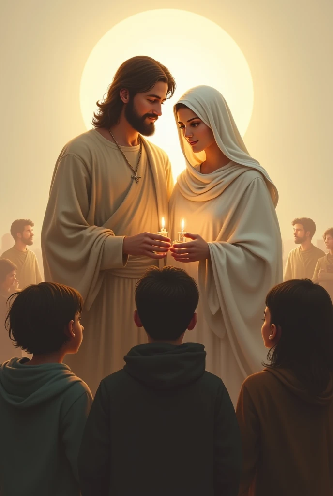 Create a logo for me, where the Virgin Mary appears in the center, Jesus at his side, On the sides, silhouettes representing young people