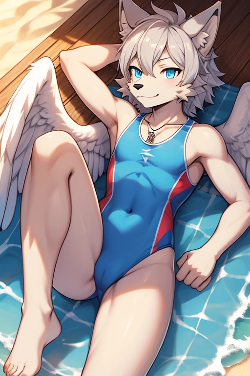 femboy, wolf boy, male, flat chested, grey fur, white feathered wings, blue eyes, skirted one-piece swimsuit, beach setting,