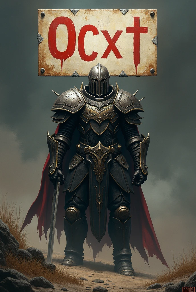 A person who is armed and armored with a sign behind him that says Ocxt and he stares at it.