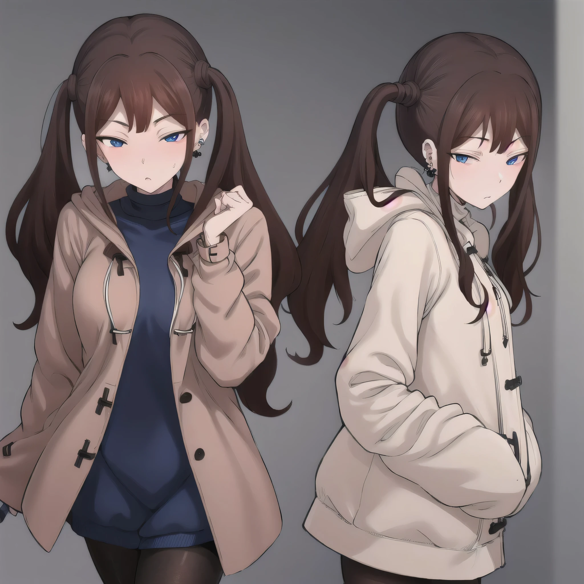 Tsubame NTR, long hair, blue eyes, brown hair, twin tails, long sleeves, jewelry, pantyhose, earrings, hood, black pantyhose, hoodie, hooded down jacket, ear piercings, watch, blue hoodie, coat, brown coat, turtleneck,