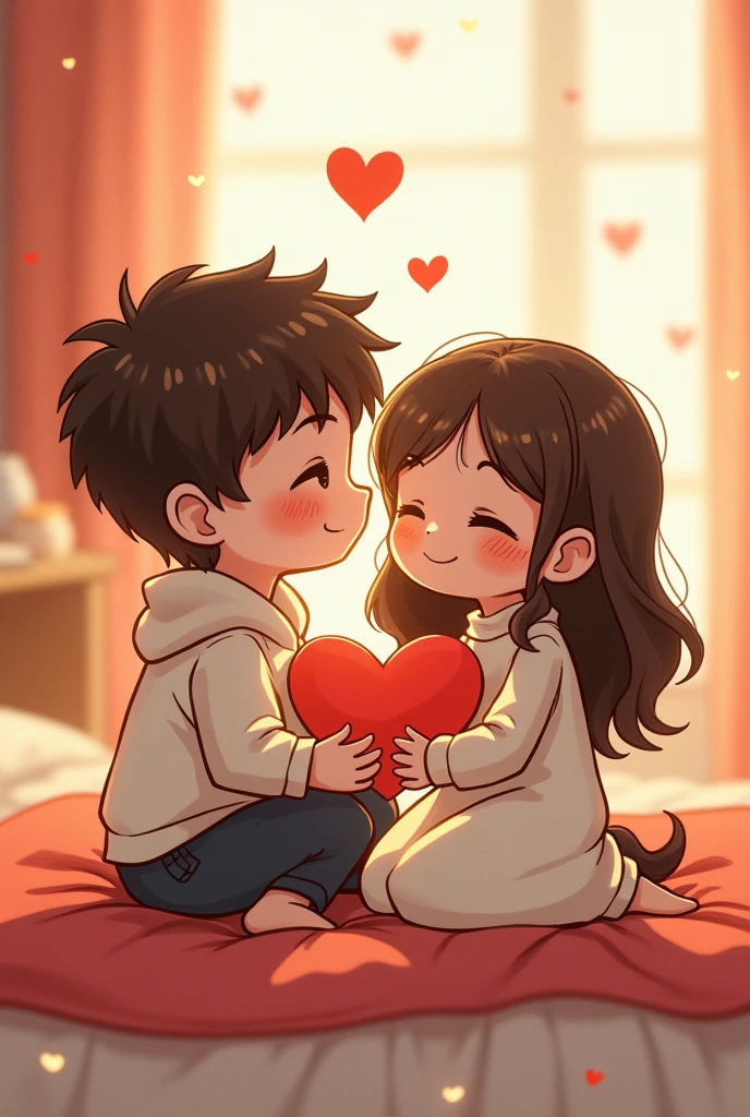 Un couple mignon d'anime portant des pulls blanche, écrit sur le pulls du garçon     Samihath et sur le pull de la fille Mahafouz, this couple sitting on a hornet bed with red hearts