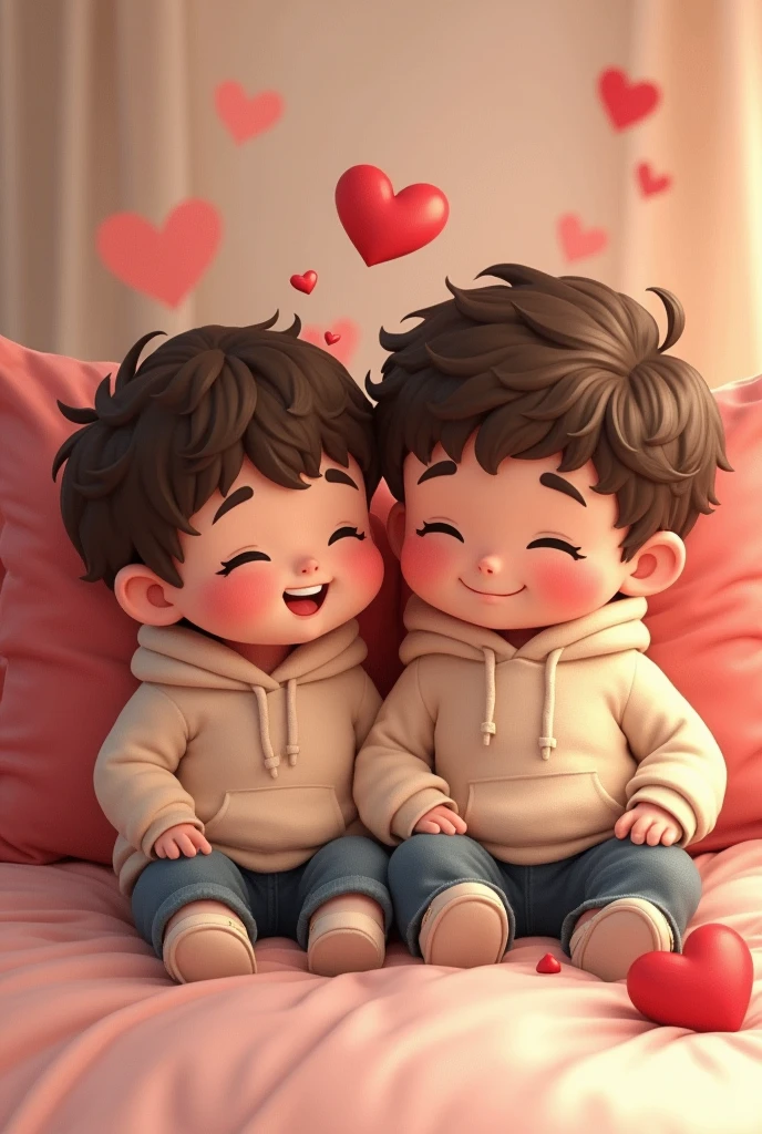 Un couple mignon d'anime portant des pulls blanche, écrit sur le pulls du garçon Samihath et sur le pull de la fille Mahafouz, this couple sitting on a hornet bed with red hearts