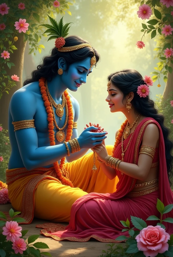 Generate an image :
Lord Krishna and Subadhra (Krishna's sister and Arjun's Wife) ; Subadhra is tying Rakhi on Shri Krishna's wrist.