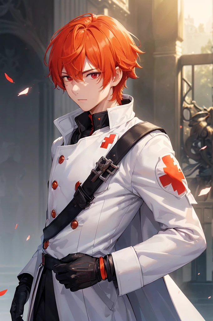 (((masterpiece; best quality: 1.2))), (finely detailed eyes: 1.3), ((1 young man)), ((solo)), (red eyes: 1.4), (body shape; lean, masculine, manly: 1.3), (very short orange hair: 1.3), (beautiful and clear background: 1.2), ((depth of field)), (equipment: high-fantasy medic garb + white long-sleeve overcoat + patch with red cross + black high-neck shirt + gloves: 1.3), (anime illustration: 1.2), (background composition; palace gardens + day: 1.1), (extremely handsome: 1.1), (shot composition; standing + centered on face + bust close-up: 1.5), (facial expression; calm, stoic: 1.2)