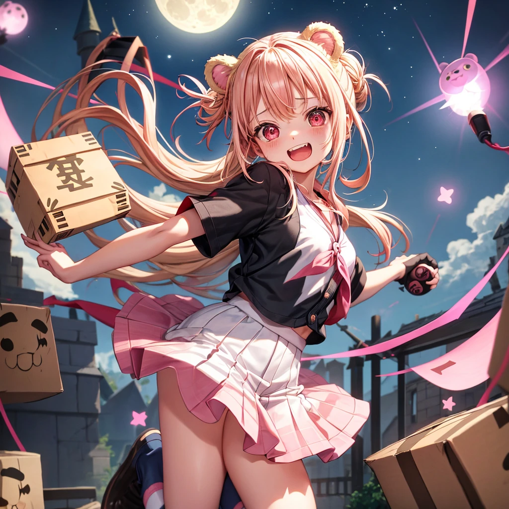 Pink Blonde、Red eyes、Hair tied up、One cute girl、solo、Checked mini skirt、black t-shirts、one piece、cardigan、Knee-high socks、bear ears baseball cap、Burning Full Moon、The tree is dead、Electric spectaculars、Cardboard boxes are piled up、Teeth are visible、Monster Castle、Tilting face、Starry Sky、A teddy bear is jumping