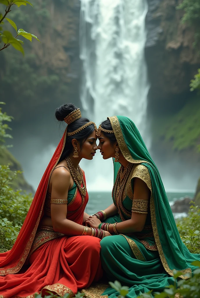 Two indian queens dressed in gupta era clothes, one hindu dressed in red and the other Muslim dressed in green sitting under a waterfall, kissing eachother while glaring at eachother