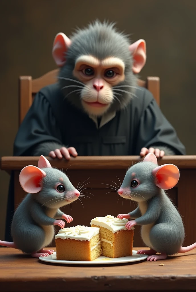 Deux souris grises se trouve devans le juge singe, the monkey cuts a piece of cake into uneven pieces 
