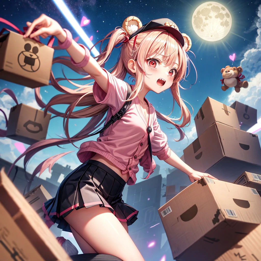 Pink Blonde、Red eyes、Hair tied up、One cute girl、solo、Checked mini skirt、black t-shirts、one piece、cardigan、Knee-high socks、bear ears baseball cap、Burning Full Moon、The tree is dead、Electric spectaculars、Cardboard boxes are piled up、Teeth are visible、Monster Castle、Tilting face、Starry Sky、A teddy bear is jumping