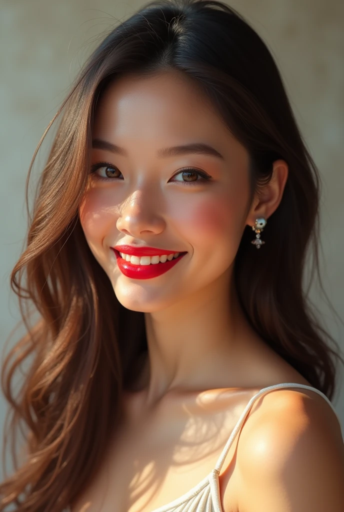 You could create an image of a 26 year old girl who is slim, fair-skinned, has long straight hair, red painted lips and a beautiful smile. 
