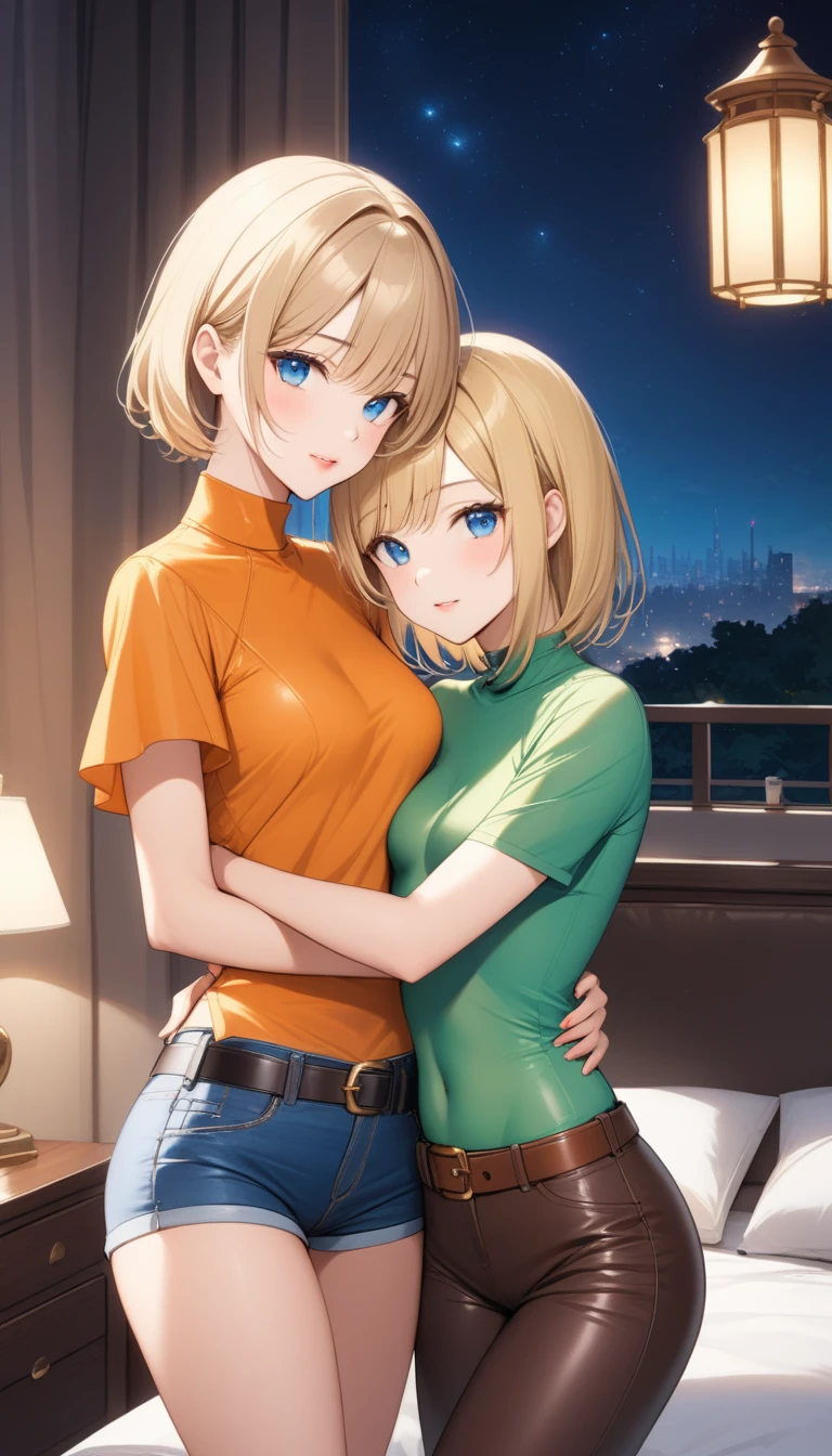 Two beautiful ladies ((lady 1: 35y old mom, with short straight blonde hair, lady 1 with blue eyes and caucasian skin, lady 1 wearing Tight Brown Cirre Pants and Leather Belt, lady 1 Sexy Criss Cross Mock Neck Short Sleeves Orange Blouse)), ((lady 2: 13y old daughter, with short straight blonde hair, lady 2 with blue eyes and caucasian skin, lady 2 wearing Tight Jean Shorts and Leather Belt, lady 2 Sexy Criss Cross Mock Neck Short Sleeves Green Blouse)), luxurious jewelry, 18k gold wedding ring on left hand, standing in their bedroom at night, hugging and kissing each other, (light brown lipstick), (elegant mascara), (slim body), (small breasts), (wide hips), endjourney, <lora:GoodHands-, <lora:GoodLegs-, UHD, high resolution, (expressive eyes, perfect face, full body, expressive face, perfect body, perfect pussy, athletic, fit, slim body, blushing, Perfect makeup, eyeliner, beautiful eyelashes, smiling, horny face), ((best illumination, best shadows)), ((sexy pose)), ((Front pov:1.1))