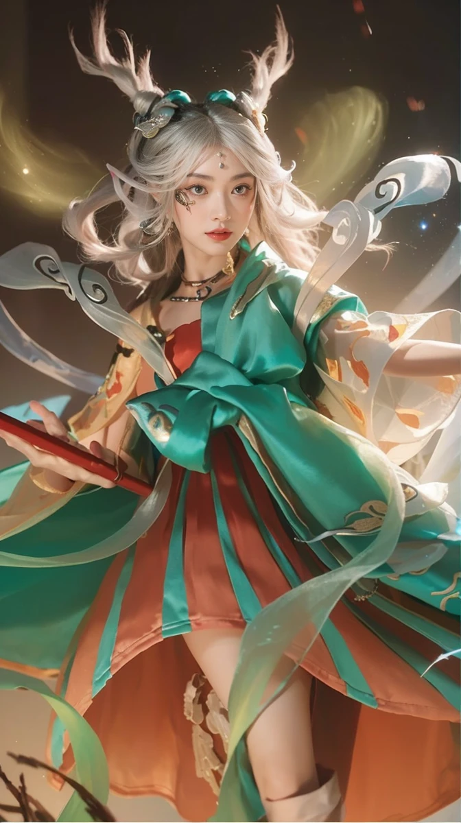 Game Art,Best picture quality,Maximum resolution,8K,((A bust photo)),((portrait)),((Head close-up)),(Rule of Thirds),Unreal Engine 5 rendering works, (Future Girl),(Female Warrior), 22 year old girl,(Ancient Chinese women),(Rainbow hair,Ancient Oriental Hairstyle),((Red pupils:1.3)),(Beautiful eyes full of details),(Large Breasts),(Eyeshadow),Elegant and charming,indifferent,((anger)),(Silk top with ancient Chinese style,Bellyband,The clothes are decorated with Chinese patterns,The sparkle of jewelry,White),(These clothes are made of silk.:1.5),number,Fantasy style, Photo poses,City background,Movie Lighting,Ray Tracing,Game CG,((3D Unreal Engine)),OC rendering reflection mode