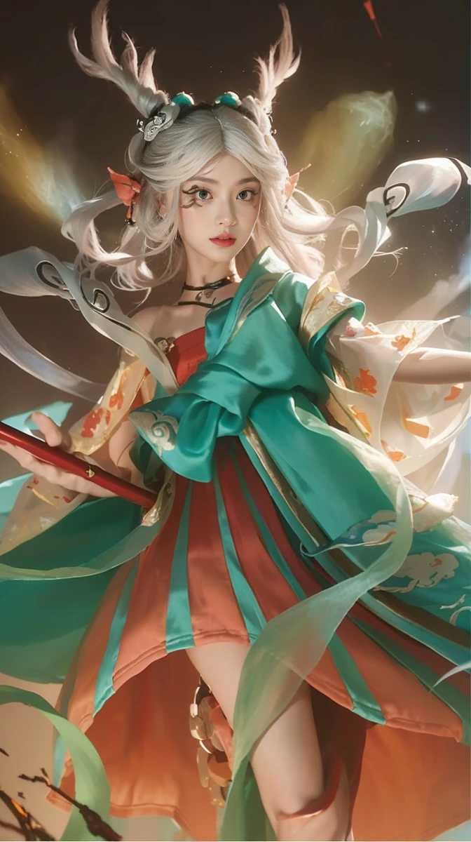 Game Art,Best picture quality,Maximum resolution,8K,((A bust photo)),((portrait)),((Head close-up)),(Rule of Thirds),Unreal Engine 5 rendering works, (Future Girl),(Female Warrior), 22 year old girl,(Ancient Chinese women),(Rainbow hair,Ancient Oriental Hairstyle),((Red pupils:1.3)),(Beautiful eyes full of details),(Large Breasts),(Eyeshadow),Elegant and charming,indifferent,((anger)),(Silk top with ancient Chinese style,Bellyband,The clothes are decorated with Chinese patterns,The sparkle of jewelry,White),(These clothes are made of silk.:1.5),number,Fantasy style, Photo poses,City background,Movie Lighting,Ray Tracing,Game CG,((3D Unreal Engine)),OC rendering reflection mode