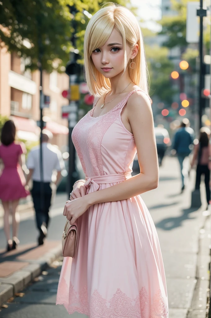 30 years old slender Mandy, blonde, pink dress, ttcolor, bokeh effect,  . 