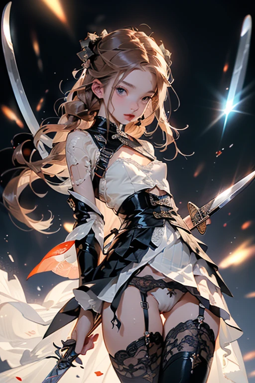 (((masterpiece, Highest quality, Very detailed))), (Female knight of the occult cult), ((((The blade has a digital glitch effect、A sword that seems to rapidly flicker out of reality, Similar to the gravitational lensing effect、There is a slight distortion effect around。, Floating next to her)))), Edward/Victorian inspiration, ((Simple yet beautiful armor)), Fluttery lace flared dress with frilly petticoat, ((((Very detailed顔))), (((Very sharp focused eyes))), Very long eyelashes, Small breasts, (((Flat Chest:1.1))), Occult Aesthetics, (The red and white outfit is detailed and intricate steampunk and gothic), Intricate lace boots，topless，String panties，A Sword with a Self，A beautiful sword adorned with flames，Handstand，Sweat，Peeing，Mesh panties、Flesh-colored panties