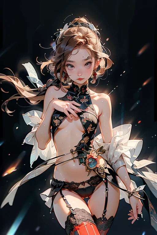 (((masterpiece, Highest quality, Very detailed))), (Female knight of the occult cult), ((((The blade has a digital glitch effect、A sword that seems to rapidly flicker out of reality, Similar to the gravitational lensing effect、There is a slight distortion effect around。, Floating next to her)))), Edward/Victorian inspiration, ((Simple yet beautiful armor)), Fluttery lace flared dress with frilly petticoat, ((((Very detailed顔))), (((Very sharp focused eyes))), Very long eyelashes, Small breasts, (((Flat Chest:1.1))), Occult Aesthetics, (The red and white outfit is detailed and intricate steampunk and gothic), Intricate lace boots,topless,String panties,A Sword with a Self,A beautiful sword adorned with flames,Handstand,Sweat,Peeing,Mesh panties、Flesh-colored panties
