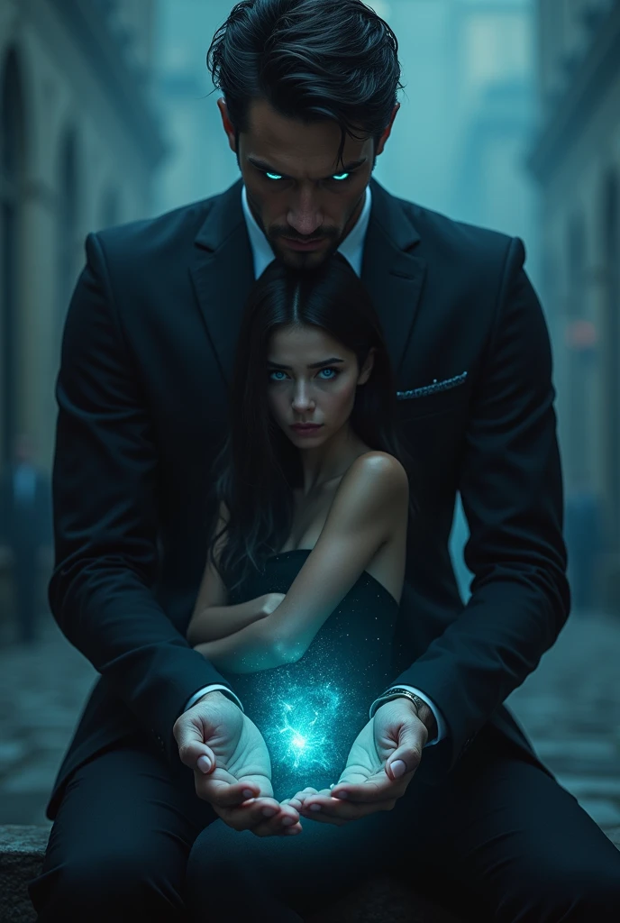 A ( handsome man , black suit , Magical glowing blue eyes , ( snapping fingers) (( front view ))
(he is holding a girl by his hands)