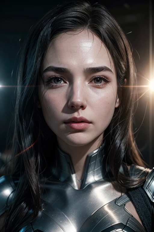 Movie scene, close-up shot of Gal Gadot, distorted space, distorted undead in the background, lens flares, light shafts, intricate details, highly detailed, volumetric lighting, 4k rendering, stock photo, hyper-realistic, realistic textures, dramatic lighting, Unreal Engine