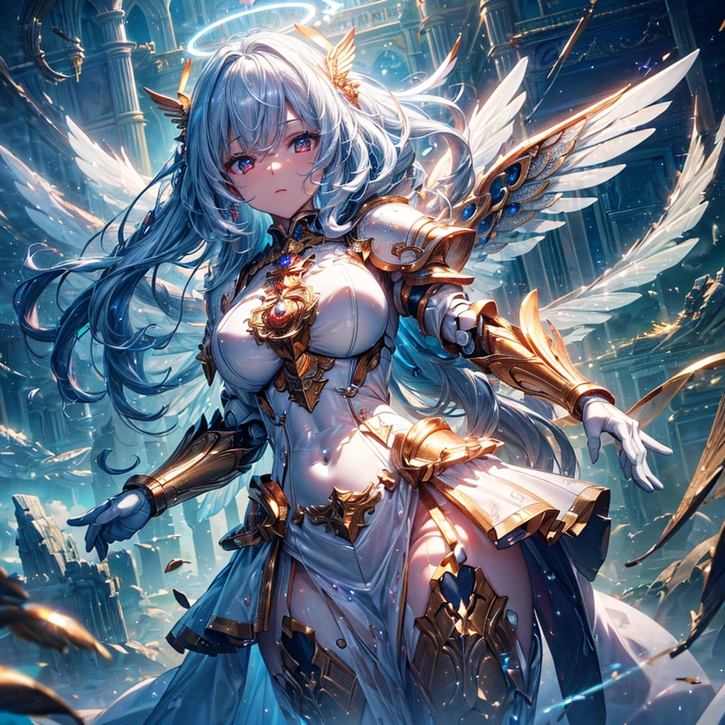 masterpiece, 8K wallpapers incorporating high-definition CG, 8K Ultra HD, Digital SLR, high quality, clean, ((A goddess in white mechanical armor with large wings, godly aura, magic, fly in the sky)), Glowing Eyes, Cinema Lighting, 超High resolution, 超High resolution, High resolution,Huge golden halo,Perfect Anatomy,Accurate anatomy