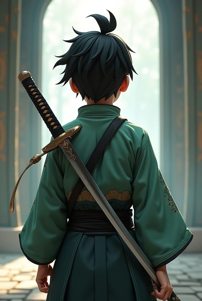 A boy of about eleven years old who is facing away and has a katana behind him and the boy has black hair and green eyes and is dressed like a swordsman. 